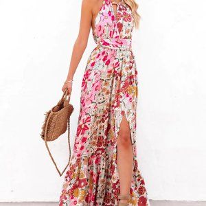 Twisted Blooms Halter Wrap Maxi Dress